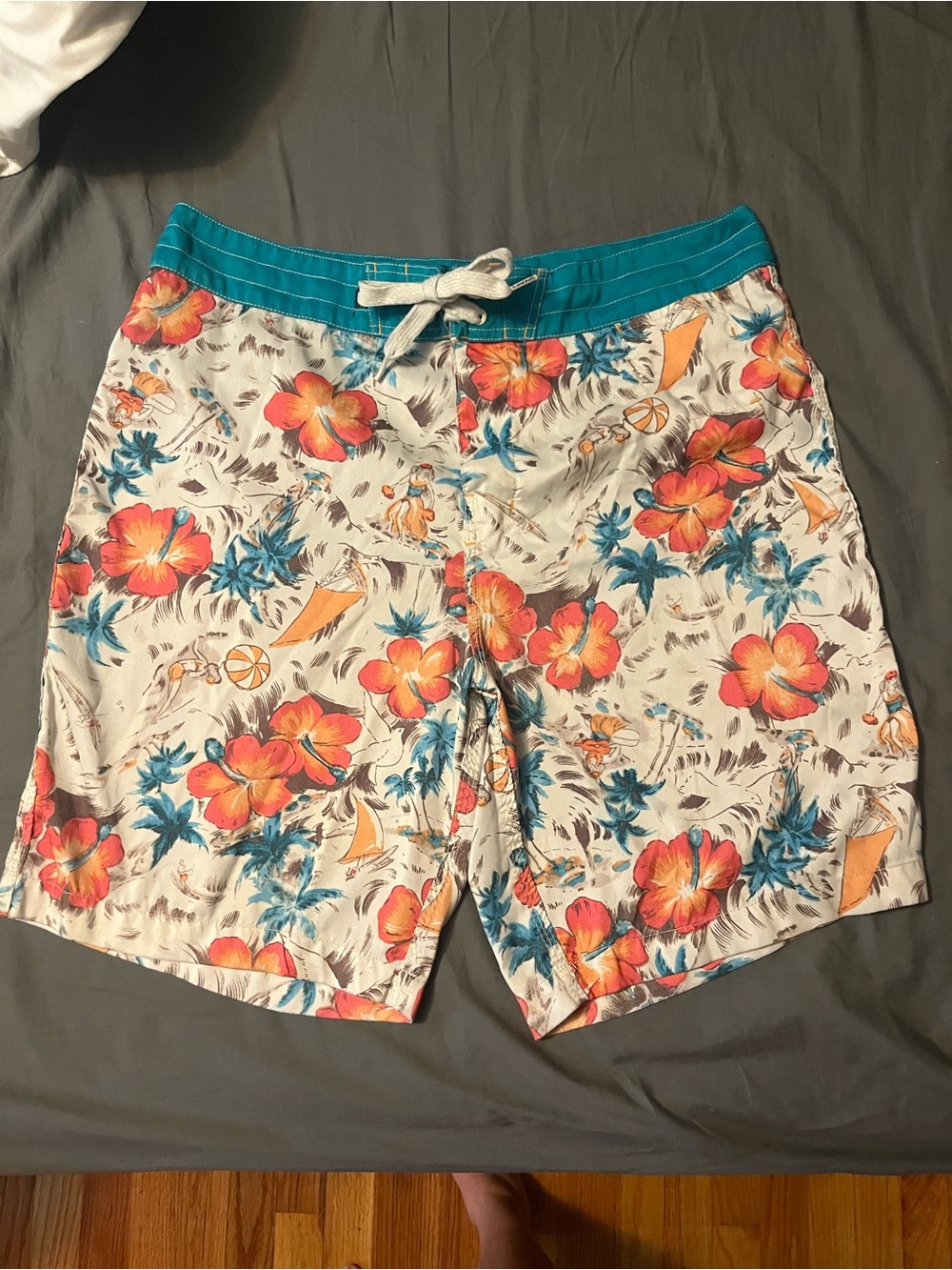 Sperry Men's Floral Board Shorts size large -Teal Waistband, Orange & Blue Print